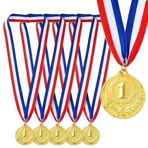 Produktbild: 6 Stück Goldfarbene Medaillen 1. Platz am Band für Wettbewerbe, Turniere, Zinklegierung, 5 cm