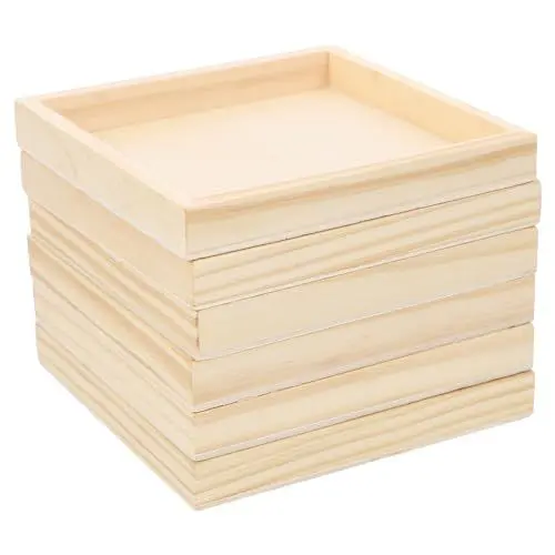 Produktbild: 6-Teiliges Holztablett Zum Basteln 12 * 12 * 1.5cm Frühstücksbretter Kiefernholz Tablett Serviertablett Dekotablett Für Hochzeiten Heimdekoration Kunstprojekte Und DIY Bastelideen
