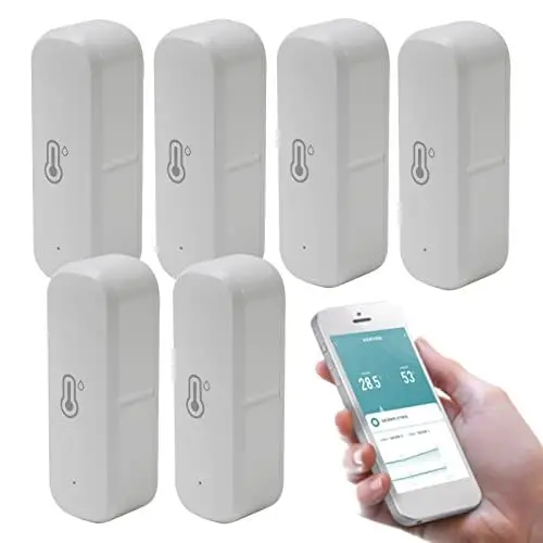 Produktbild: 6 Stück Hygrometer Thermometer Sensor, Tuya Smart Raumthermometer, kabelloser Temperatur-Feuchtigkeitssensor mit Remote-App-Benachrichtigungsalarm für Zuhause, Gewächshaus (Erfordert Zigbee-Gateway)