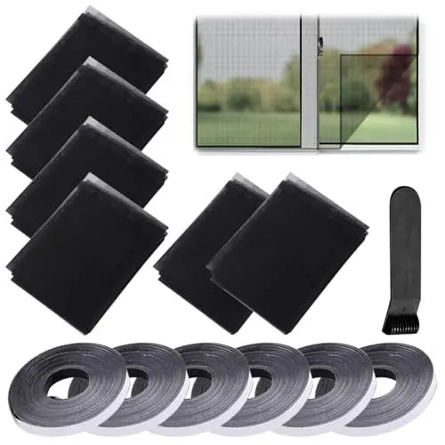 Produktbild: 6 Stück Insektenschutz Fenster, 130x150cm Moskitonetz für Fenster, Insektenschutz Dachfenster, Fliegengitter, Fliegengitter Fenster Ohne Bohren, mit Klettband Selbstklebend (Schwarz)