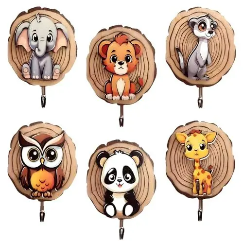 Produktbild: 6 Stück Kinder Kleiderhaken, Wandhaken, Holz Kleiderhaken, Kinderzimmer Deco Geschenk, Ohne Bohren Kleiderhaken, Selbstklebender Haken für Schlafzimmer, Badezimmer, Kleiderschrank, Wohnzimmer