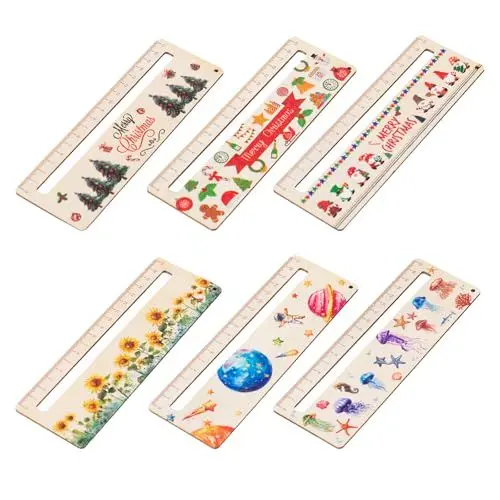 Produktbild: 6 Stück Personalisiertes Lesehilfe mit Lineal aus Holz, 17 cm Lineal mit Süßen Motiven Holzlineal Lesehilfe Viele Style Personalisiert Schulkind Ruler für Schulbedarf Büro Zuhause