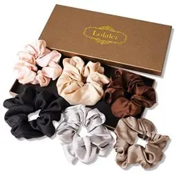 Produktbild: (6 Stück) Lolalet Haargummis Seide Scrunchies Satin für Damen, Haargummi Weich Elastisch Silk Skrunschis Groß für Damen Frauen Mädchen 6 Farben -Schwarz,Braun,Grau,Champagner,Hellpink,Silber