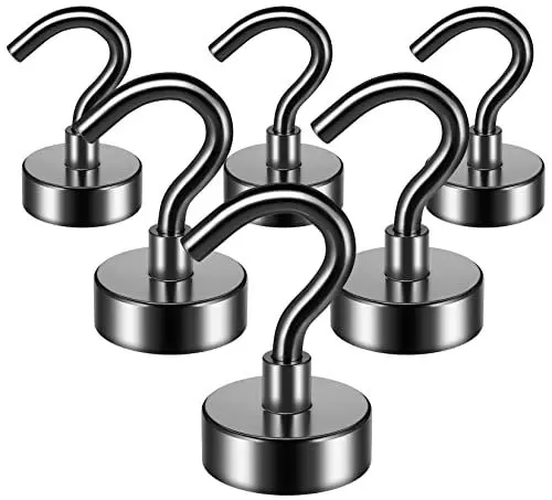 Produktbild: FINDMAG 6 Stück Magnethaken, 10 kg+(22 lb+) Starke Magnethaken, Kühlschrankmagnet Haken zum Aufhängen, Neodym Magnete mit Haken, Schwarz Magnethake für Kreuzfahrt, Decke, Bad, Küche, Handtuch, Garage