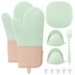 Produktbild: 6 Stück Ofenhandschuhe Silikon Set, Dauerhaft Topflappen & Ofenhandschuhe Hitzebestaendig, Silikon Topflappen Handschuh, Küchen Zubehör Backofen Handschuhe with Untersetzer Topf & Klebehaken & Bürste