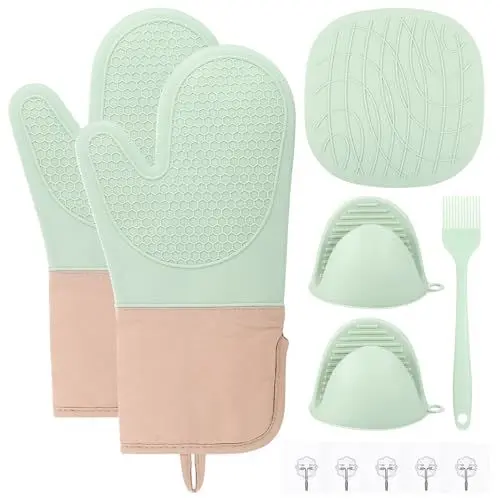 Produktbild: 6 Stück Ofenhandschuhe Silikon Set, Dauerhaft Topflappen & Ofenhandschuhe Hitzebestaendig, Silikon Topflappen Handschuh, Küchen Zubehör Backofen Handschuhe with Untersetzer Topf & Klebehaken & Bürste