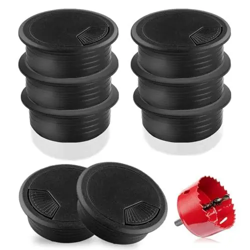 Produktbild: 6 Stück Schreibtisch Kabeldurchführungen Kunststof,60mm Flexibel Kabeldurchführung mit 1 Stück Lochsäge für Tisch, Büro, Arbeitsplatten, Möbel (Schwarz)