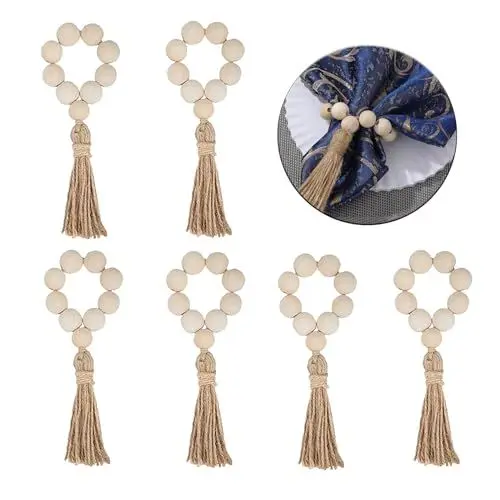 Produktbild: 6 Stück Serviettenringe, Serviettenhalter Holzperlen Girlande mit Quasten Serviettenschnallen Boho Tischdeko Bauernhaus Hochzeit Tischdekoration Landhausstil Wohnzimmer