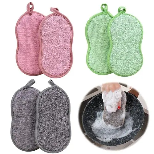 Produktbild: 6 Stück Spülschwamm Set, Topfreiniger Küchenschwamm Waschbar, 16.5x9.3cm Mikrofaser Doppelseitenschwämme, Wiederverwenden Reinigungsschwämme für Küchenreinigung Topf, Schüssel(Grün, Grau, Rosa)