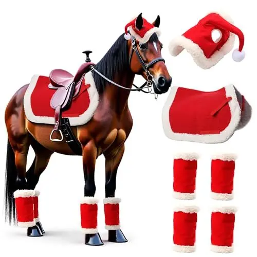 Produktbild: 6 Stück Weihnachts-Schabracken, Weihnachtsdekorationen, Santa-Leg-Wraps mit Faux-Fell, ein fröhliches Nikolaushütchen für Pferde und Western-Schabracke – Kostümzubehör für Schabracken