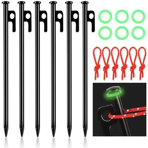 Produktbild: 6 Stück Zeltheringe Sturmsicher, 25cm Lang Zelthaken mit Leuchtringen Reflektorseile Erdnägel Zeltnagel im Freien für Camping Outdoor Wandern