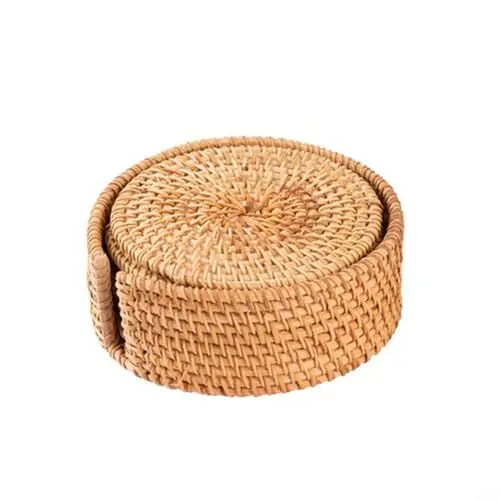 Produktbild: 6 Stück handgefertigte Rattan-Untersetzer mit Halter für Getränke, Korbgeflecht, Boho-Untersetzer, gewebte Untersetzer, runder Strohhalm-Untersetzer für Teetasse (13 cm)