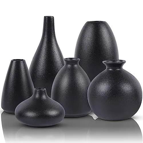 Produktbild: 6 Stück kleine schwarze Keramik-Blumenvasen – charmante matte Oberfläche, moderne Boho-Dekoration, einzigartige Mini-Knospenvasen-Tafelaufsätze für Zuhause, perfekt für Couchtisch, Kaminsims, Eingang
