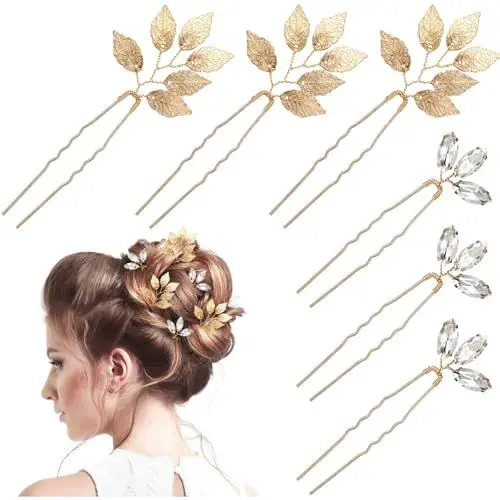 Produktbild: 6 Stücke Braut Haarnadeln Gold Kristall Blatt Haarnadeln Blatt Hochzeit Hochstecknadeln für Frauen