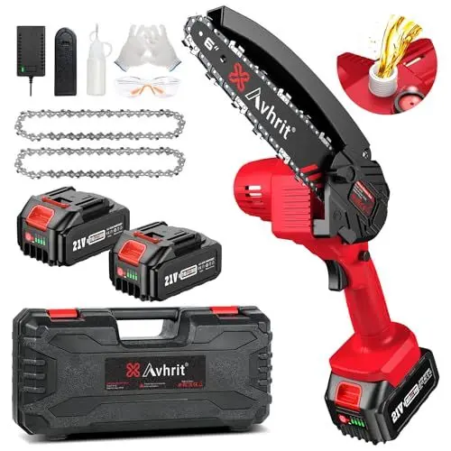 Produktbild: Mini Kettensäge mit Akku 8000 mAh, Avhrit 6 zoll Elektro-Kettensäge Automatischem Öler 2 Akkus 4000mAh + 2 Ketten