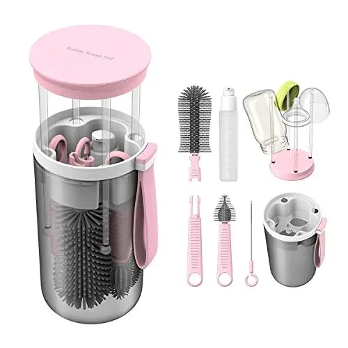 Produktbild: 6 in 1 Baby Reinigungsset Reise Flaschenbürste Silikon, Baby Flaschen Trockengestell Reise Babyflaschen Nippel Bürste, Babyflaschenreiniger unterwegs, Strohhalm Reinigungsbürste, Seifenspender, Rosa