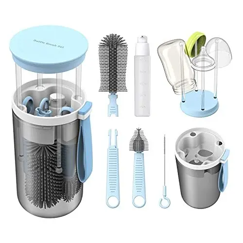 Produktbild: 6 in 1 Reise Flaschenbürsten Set Baby Flaschenbürste Silikon, Baby Flaschen Trockengestell Babyflaschen Nippel Bürste, Flaschenreiniger für Unterwegs, Strohhalm Reinigungsbürste, Seifenspender, Blau