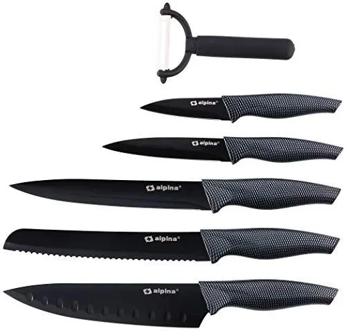Produktbild: 6 teiliges Messer-Set Brot, Fleisch, Allzweck, Schäler und Santoku-Messer - Inklusive Sparschäler - Ideal für die Profiküche und auch semiprofessionelle Küche, Schwarz