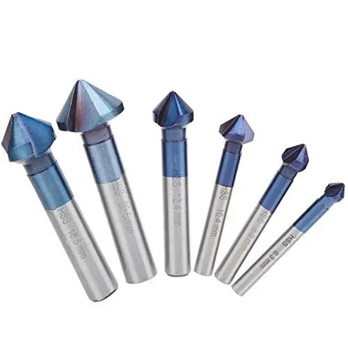 Produktbild: 6 tlg Senkbohrer Wolfram-Stahl-Plattierungs HSS Senker Set, Center Bohrer Punch für Holz Metall (6,3 Mm 8,3 Mm 10,4 Mm 12,4 Mm 16,5 Mm 20,5 Mm)