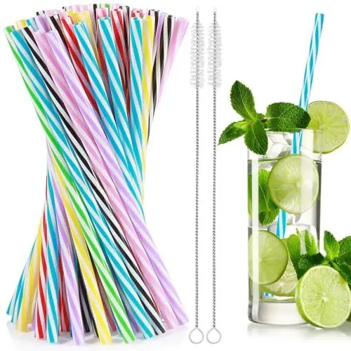 Produktbild: 60 Stück Strohhalme Plastik, Strohhalme Wiederverwendbar, Im Lieferumfang Sind Zwei Strohbürsten Enthalten, Mehrere Farben, Trinkhalme Für Smoothies, Säfte, Cocktails