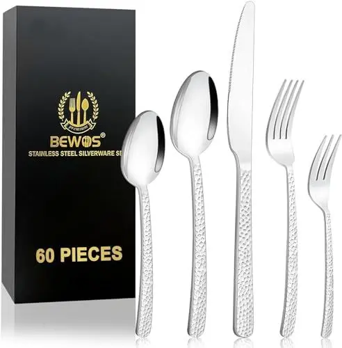 Produktbild: 60 Stück Besteck für 12 Personen, BEWOS Edelstahl Besteck Set, Hochglanzpoliertes Küchenhelfer Set, Gabeln, Löffel und Messer, Bestecksets für Haus/Küche/Restaurant/Hotel, 1567B, Spülmaschinenfest