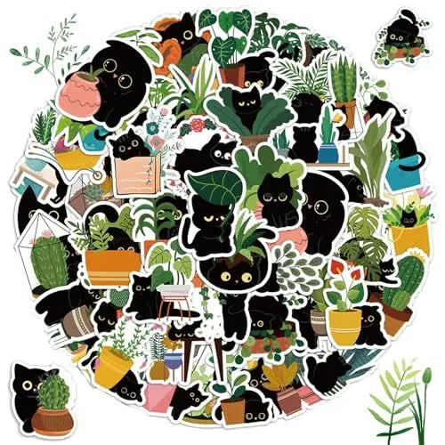 Produktbild: 60 Stück Katzen und Pflanzen Aufkleber, 4-6cm Niedliche Wasserdicht Schwarze Katzen Aufkleber, Cartoon Kawaii Laptop Katzen Vinyl Stickers für Skateboard Fahrrad Moped Motorrad Scrapbooking
