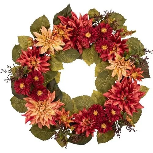 Produktbild: 60 cm Künstlich Herbstkranz mit Dahlie, Herbst Gänseblümchen und Beeren, Kunstkranz Künstlich Türkranz für Halloween, Thanksgiving-Kranz-Ideen für Ihre Haustür, Innen-und Außendekoration, Rot