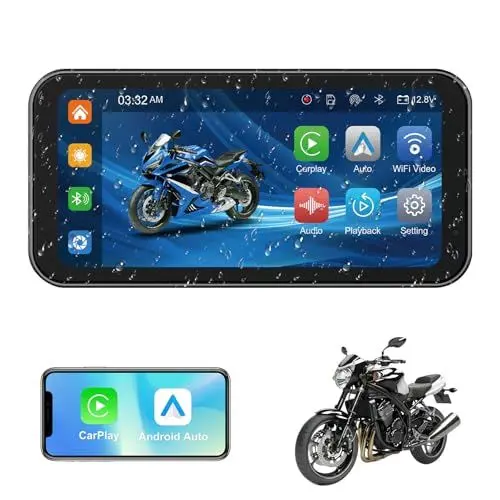 Produktbild: 6,26 Zoll Motor CarPlay mit Bildschirm, IP67 Wasserdichtes Android Auto Wireless Apfel CarPlay, Motorrad Monitor CarPlay Display mit Fernbedienung, Portable Motobike GPS Navigation für Dual Bluetooth