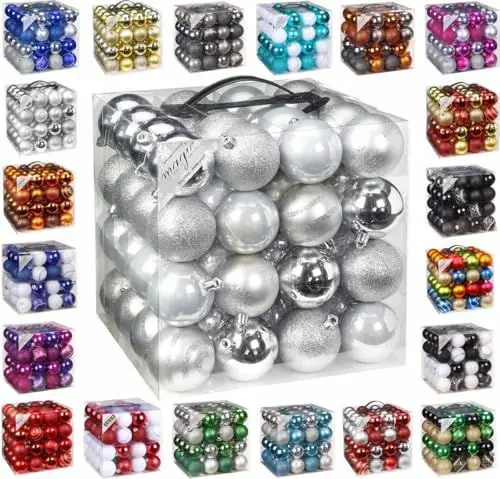 Produktbild: 64x Kunststoff Christbaumkugeln 6cm Kugel Box Glanz Glitzer Matt Dekor Inge Glas, Farbe:Silber