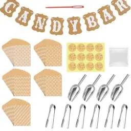 Produktbild: 65 Stück Candy Bar Zubehör, Candy Bar Deko Set Enthält 50 Stück Candy Bar Tüten 4 Sticker 6 Zuckerzange 4 Schaufeln und 1 Candy Bar Deko Girlande,für Candy Bar Hochzeit Geburtstage Party