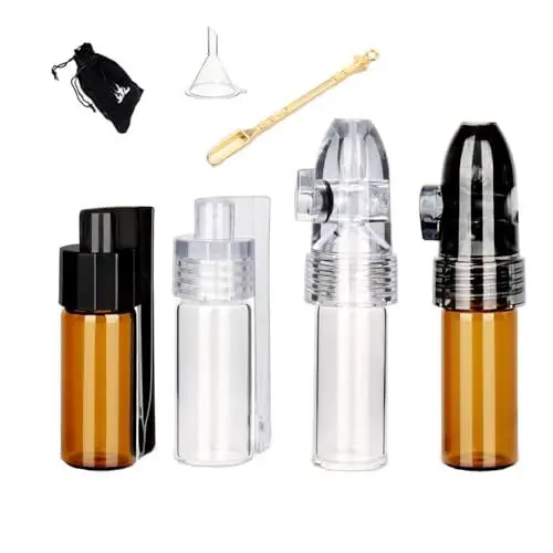 Produktbild: 68mm Schnupftabak Dosierer, 51mm Spice Powder Tool Glass Bottle Snuffer Bottle with Mini Funnel and Coke Spoon, Schnupftabak dosierer with Schwarzer Premium-Geschenkbeutel (Pack of 4)