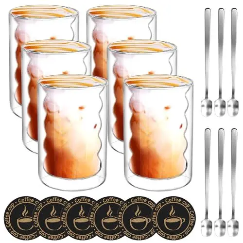 Produktbild: 6er Set Doppelwandige GläSer mit 6 Löffeln und 6 Untersetzern, 350ML Doppelwandig aus Borosilikatglas, ThermogläSer für Latte,Tee,EIS,Eistee,Iced Americano