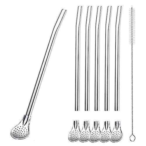 Produktbild: 6er Set Edelstahl Trinkhalme löffel, Wiederverwendbare, spülmaschinengeeignete Trink-Löffel, 2 in 1 Strohhalm & Löffel ideal als Latte Macchiato und Cocktail-Löffel
