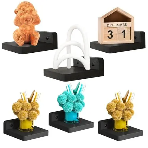 Produktbild: 6er Set Wandregal Holz, Hängeregal Wandhalterung Regalbretter, Mini Regal Wand, Chweberegal Schmales Bilderleiste, Kleine Schweberegal 10 cm für Schlafzimmer Wohnzimmer Badezimmer Küche（Schwarz）