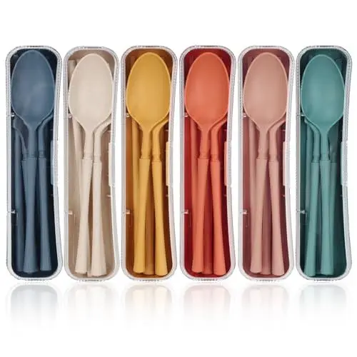Produktbild: 6er-Set Kunststoff-Besteckset mit Etui, wiederverwendbares mehrfarbiges Campingbesteck, tragbare Gabel-Messer-Löffel-Essstäbchen-Geschirrsets, für Outdoor-Reise-Picknick-Büro