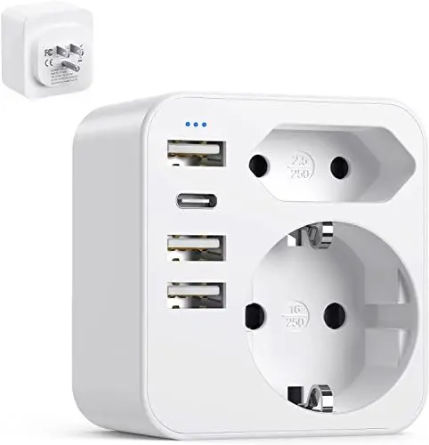 Produktbild: 6-in-1 USA Adapter Steckdose, Adapter USA Deutschland Stecker mit 3USB 1USB C (3.4A), Reiseadapter USA Steckdosenadapter Reisestecker Stromadapter für Amerika Kanada Thailand Mexiko