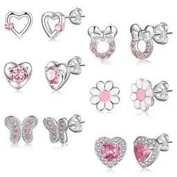 Produktbild: 6Paare 925 Sterling Silber Ohrringe für Mädchen Damen Hypoallergene Ohrringe Tiny Herz Hoop Ohrringe CZ Ball Schmetterling Daisy Gestüt Sets für Teenager Kinder Kleinkind Rosa Silber