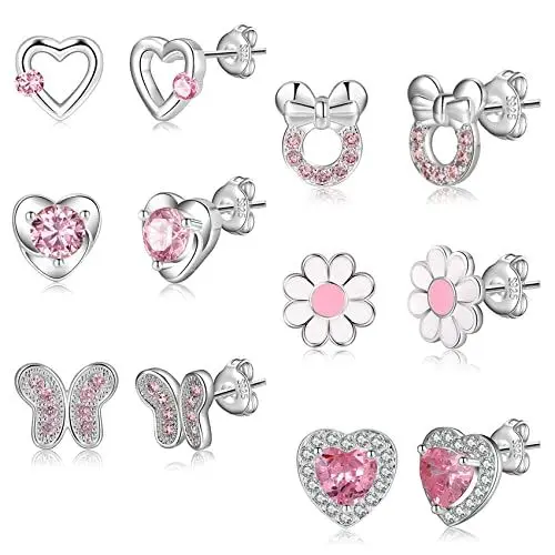 Produktbild: 6Paare 925 Sterling Silber Ohrringe für Mädchen Damen Hypoallergene Ohrringe Tiny Herz Hoop Ohrringe CZ Ball Schmetterling Daisy Gestüt Sets für Teenager Kinder Kleinkind Rosa Silber