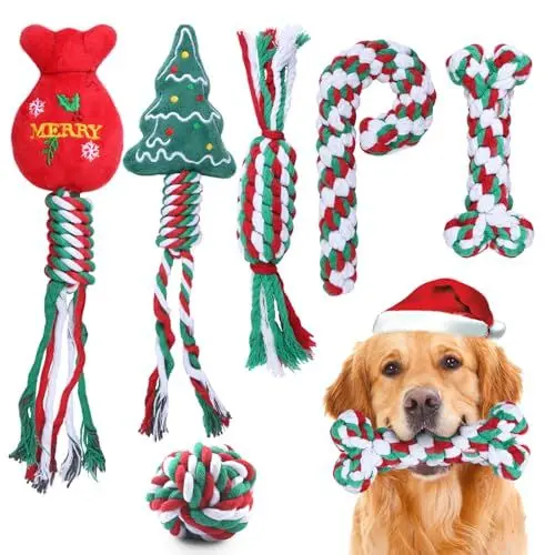 Produktbild: 6-Pack Weihnachtshund Seil Spielzeug, Kau Seil Spielzeug für Welpen kleine mittlere Hunde, Natürliche Baumwolle Hund für Zähne Reinigung, Hund interaktive Kau Spielzeug