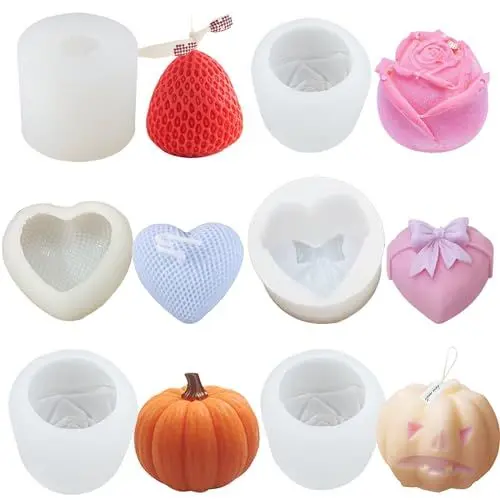 Produktbild: 6PCS Kerzenformen zum Gießen Set, SunTaYon DIY Rosen Kürbis Erdbeere Herzförmig Liebe Geschenk Duftkerze Kerzenform Silikon, 3D Resin Silikonform Epoxidharz Deko für Kerzen Selber Machen Kinder