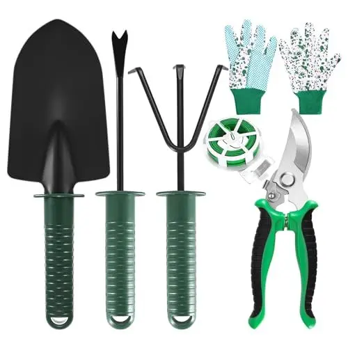 Produktbild: 6Pcs Gartenwerkzeug Set, Edelstahl Gartenarbeit Werkzeuge Kit einschließlich Hand Kelle Transplantedd Kultivator Beschneiden Schere Handschuhe und 30m Garten Twistee Krawatte