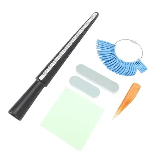 Produktbild: 6-teiliges Ringgrößen-Set, Messwerkzeug und Kunststoff-Ringdorn, Achat-Polierer, Polierstab, Schmuckreinigungstuch