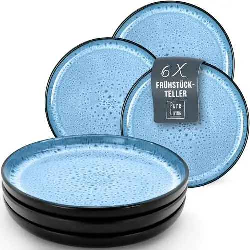 Produktbild: Steingut Frühstücksteller 6 Pers. Ibiza Hochwertiges Mediterranes TEST SEHR GUT Dessertteller Set - Kuchenteller spülmaschinen- und kratzfest - Kleine Teller, Salatteller Pure Living in Tiefblau
