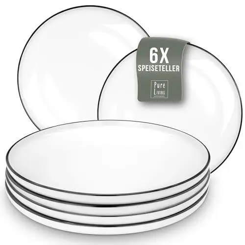 Produktbild: 6x Porzellan Stylishes Teller groß Scandi - Modernes Geschirrset weiß, Skandinavisches Design, Spülmaschinenfest - für 6 Personen - Speiseteller, Essteller, Geschirr Set von Pure Living