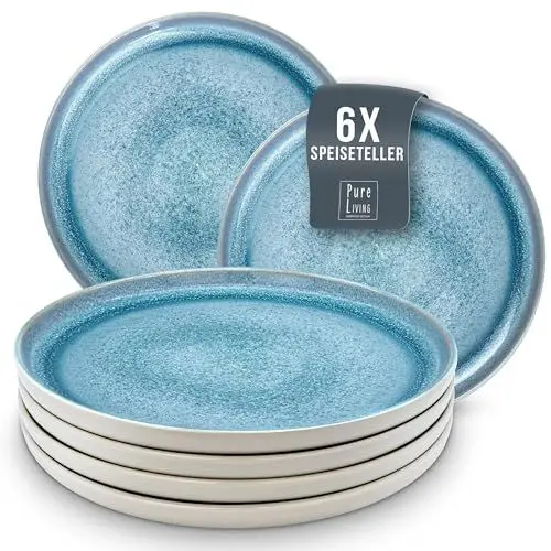 Produktbild: Steingut Teller Groß 6 Personen Ibiza TESTSIEGER, Traumhaftes Mediterranes Steingut Speiseteller Set, Stylisches Essteller Set, Pure Living in Blau