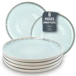 Produktbild: Steingut Teller groß 6 Pers. Ibiza Hochwertiges Mediterranes TEST SEHR GUT Steingut Speiseteller Set - Spülmaschinen-, Mikrowellen- und Kratzfest - Stylisches Essteller Set - Pure Living in Beige-Blau