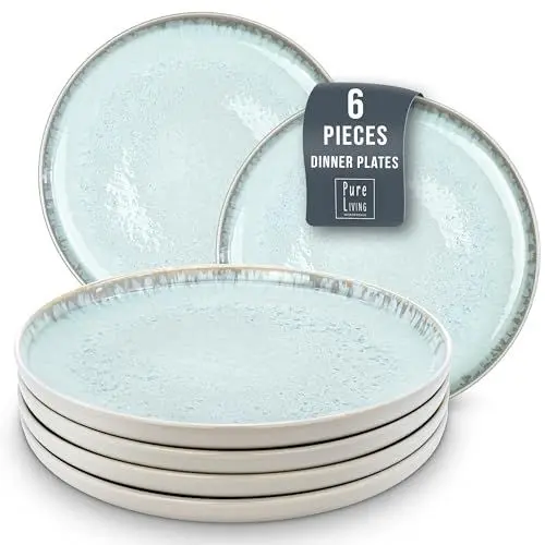 Produktbild: Steingut Teller groß 6 Pers. Ibiza Hochwertiges Mediterranes TEST SEHR GUT Steingut Speiseteller Set - Spülmaschinen-, Mikrowellen- und Kratzfest - Stylisches Essteller Set - Pure Living in Beige-Blau