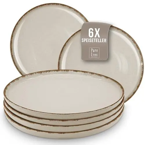 Produktbild: Steingut Teller groß 6 Pers. Rustic Hochwertiges Landhausstil TEST SEHR GUT Steingut Speiseteller Set - Spülmaschinen-, Mikrowellen- und Kratzfest - Stylisches Essteller Set - Pure Living in Beige