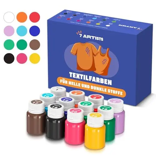 Produktbild: 7 Artists Stoffmalfarben Textilfarbe Waschmaschinenfest | Set aus 12x20ml | Textilfarbe Ideal für Stofffarben Waschfest Kinder | Stoffmalfarben Waschfest | Textilmalfarbe | Stofffarbe