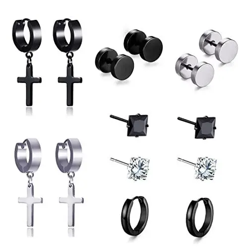 Produktbild: LIUJZZJ 7 Paar Edelstahl Ohrstecker Schwarz Zirkon Ohrringe Kleine Creolen Langhantel Hantel Ohrstecker für Männer Damen（-）